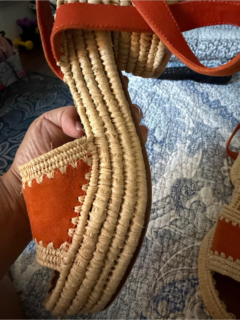 Tory Burch Orange Suede Espadrille Wedge Sandals with Ankle Strap - Picture 15 of 16
